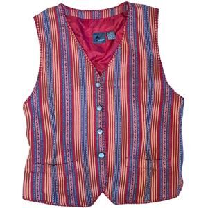 Vintage Lizwear Womens Southwestern Striped Vest Red Size M Pearl Button Boho